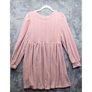 Ribbed Babydoll Dress Womens Large Pink NEW Long Sleeve Mini Empire Waist